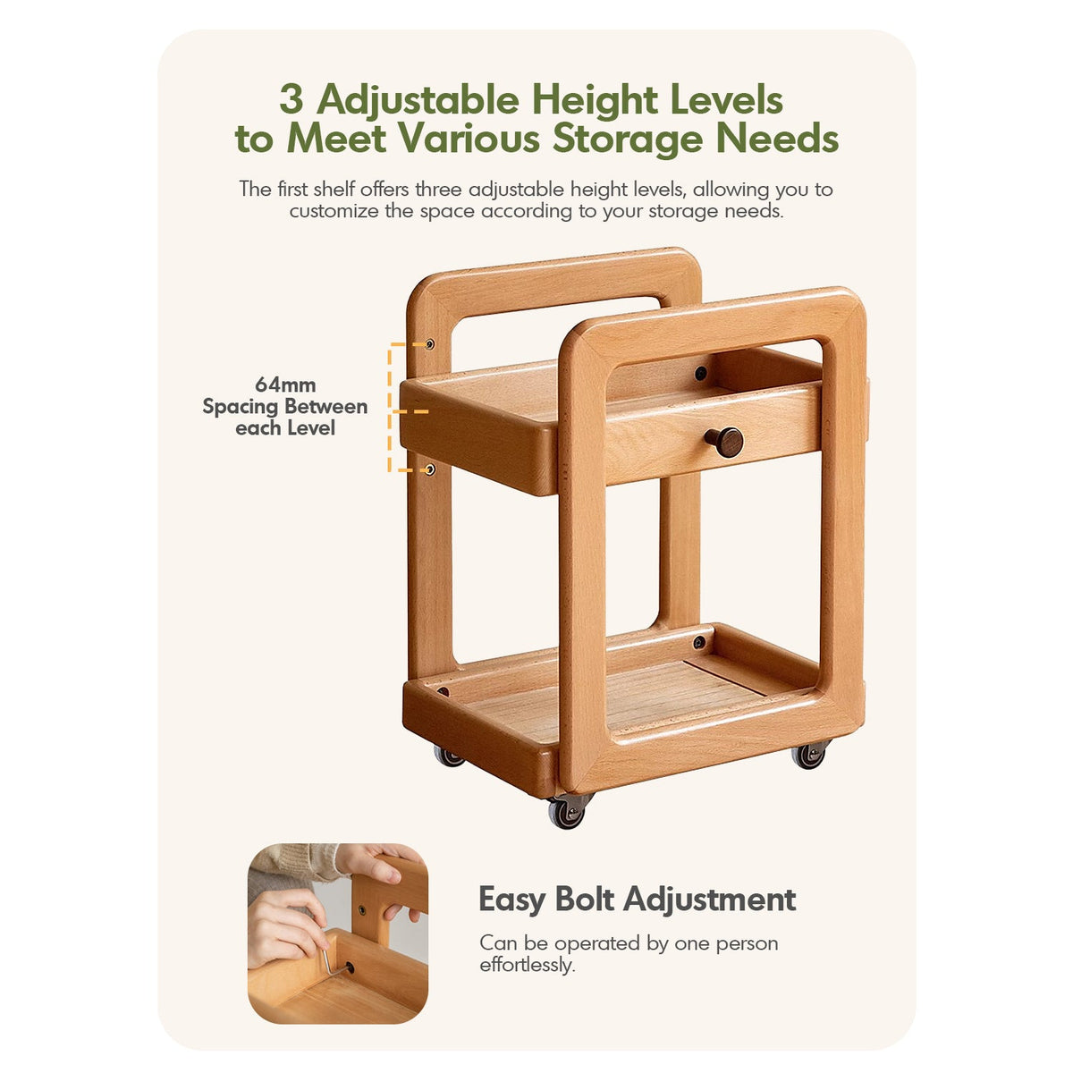Scandinavian Beech Wood Wheeled Trolley Side Table VERA - view 06
