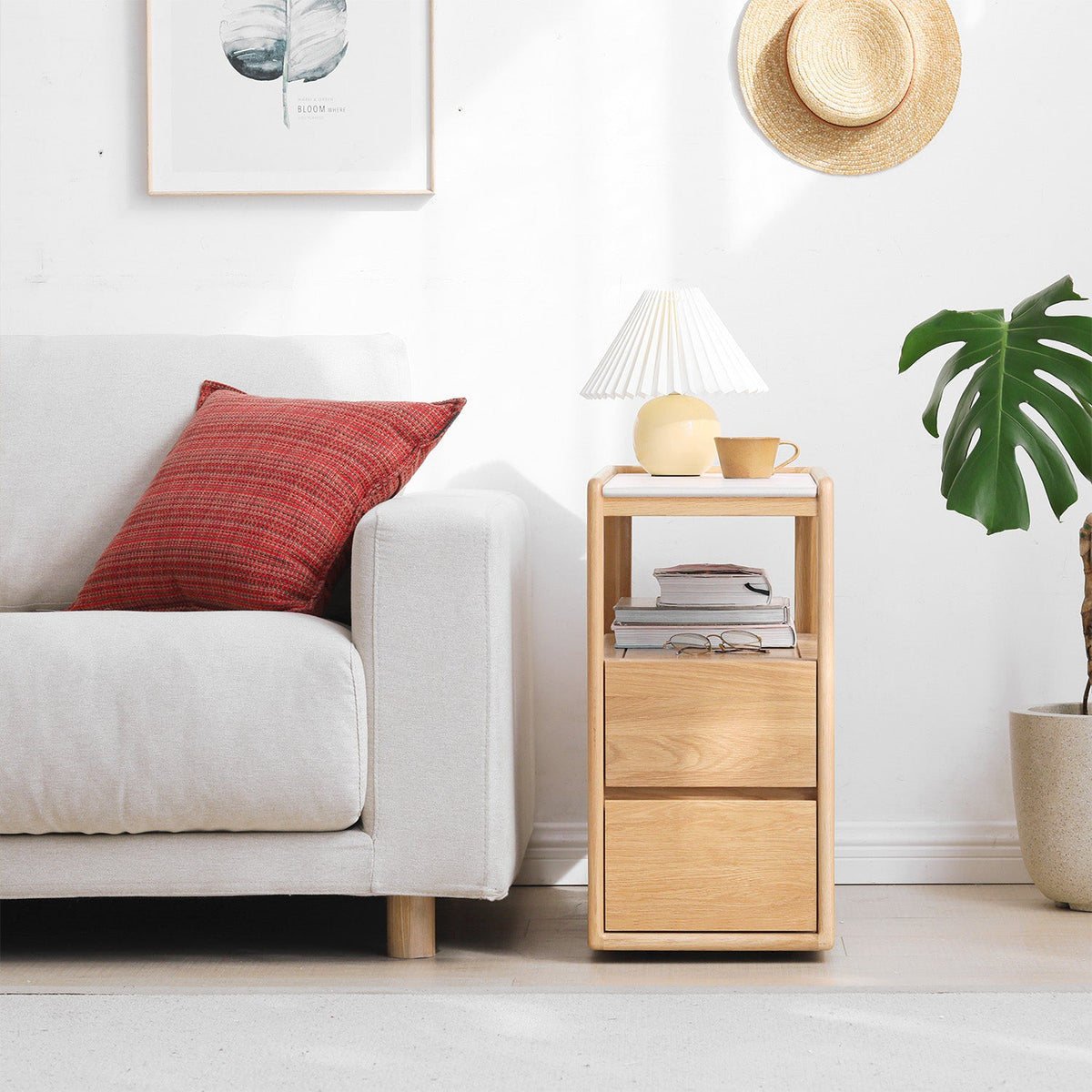 Scandinavian Oak Wood Sintered Stone Wheeled Trolley Side Table LIVA - view 15