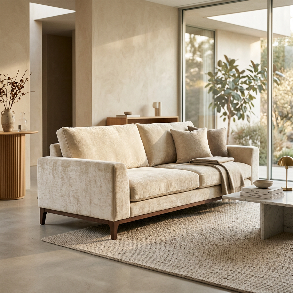 Cream Chenille Velvet 3-Seater Sofa Hero