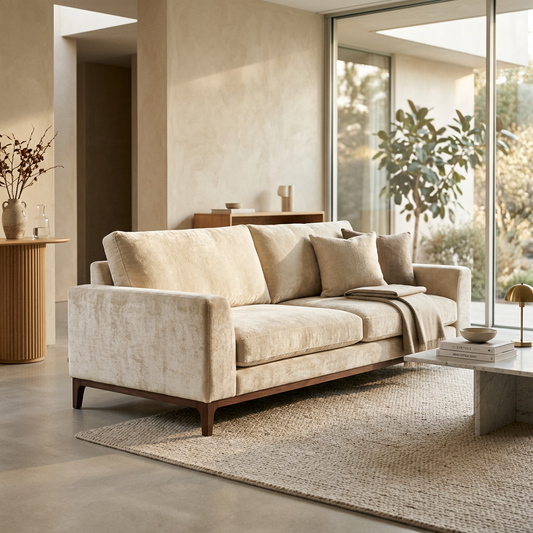 Cream Chenille Velvet 3-Seater Sofa Hero