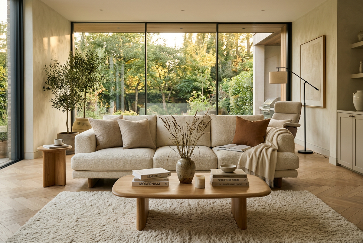 Modern Luxury Boucle Sofa Living Room Lifestyle Scene