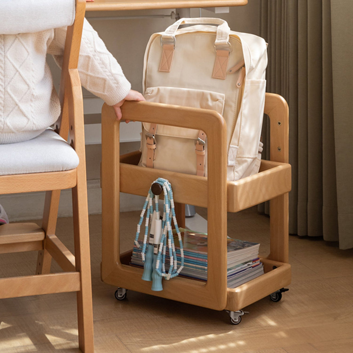 Scandinavian Beech Wood Wheeled Trolley Side Table VERA - view 02
