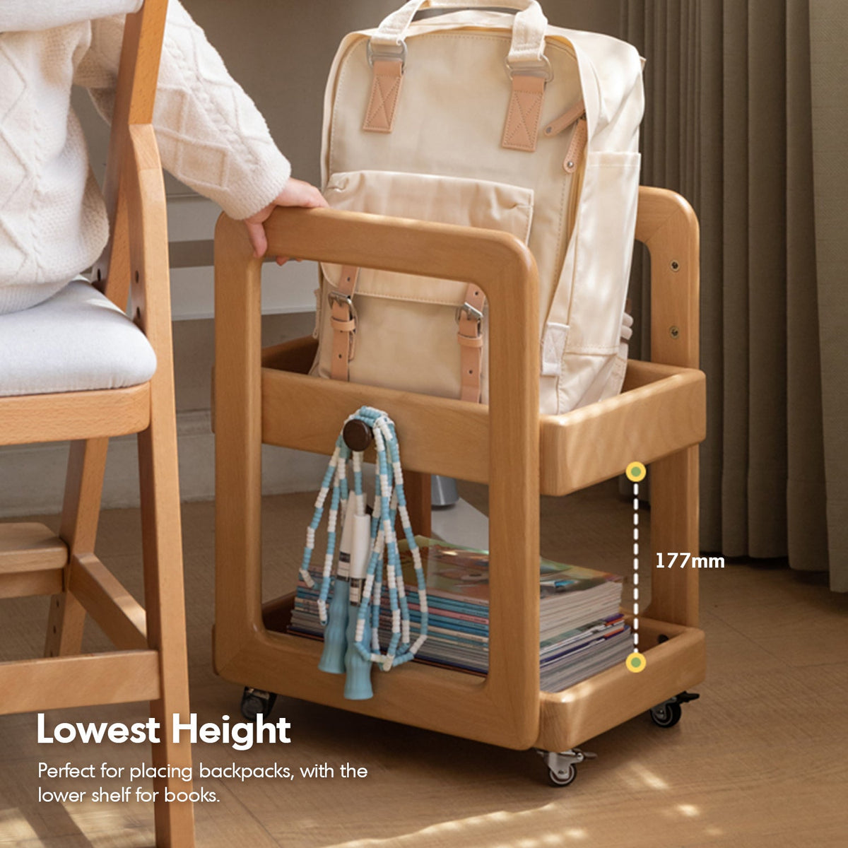 Scandinavian Beech Wood Wheeled Trolley Side Table VERA - view 07