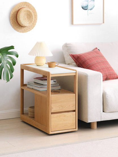 Scandinavian Oak Wood Sintered Stone Wheeled Trolley Side Table LIVA - view 04