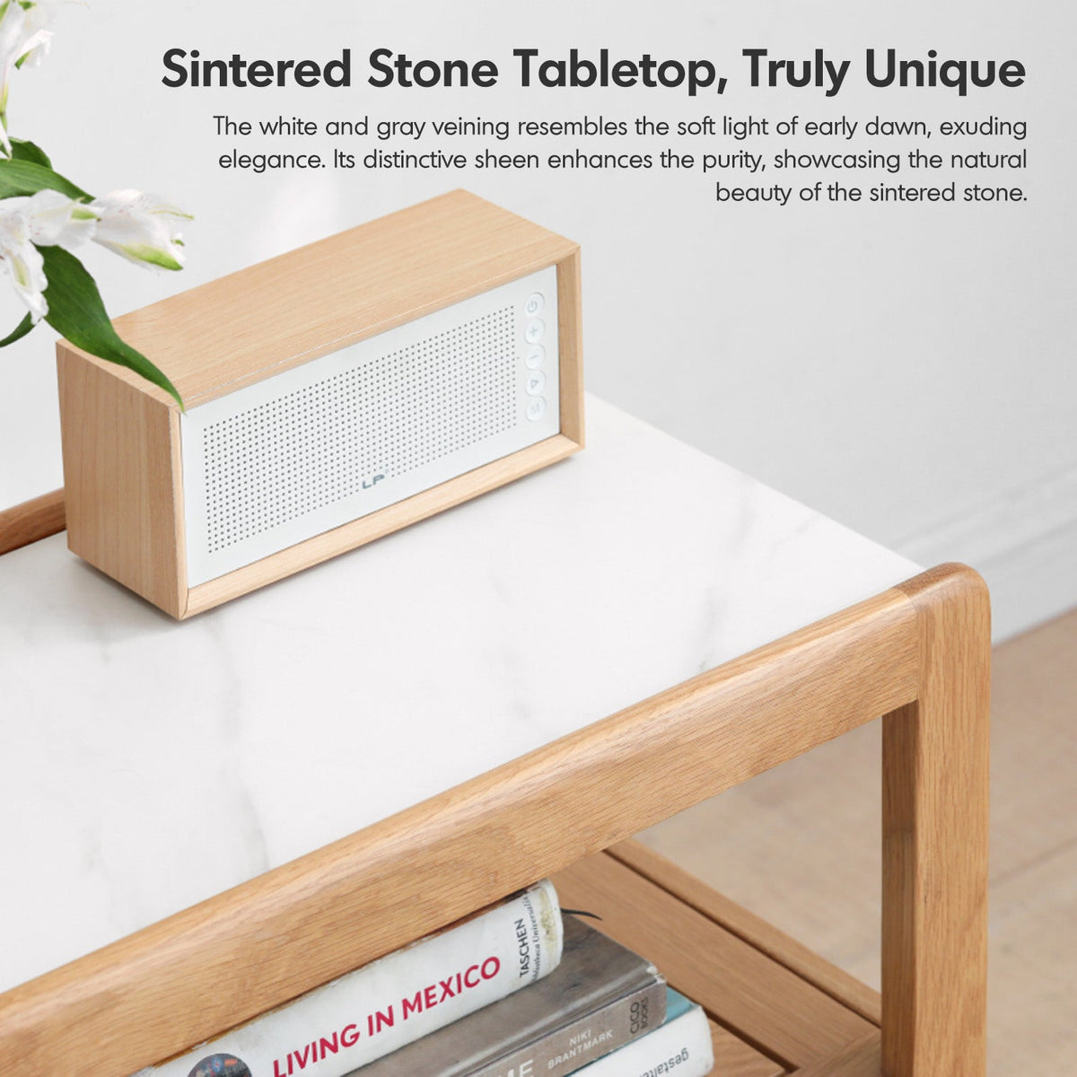Scandinavian Oak Wood Sintered Stone Wheeled Trolley Side Table LIVA - view 05