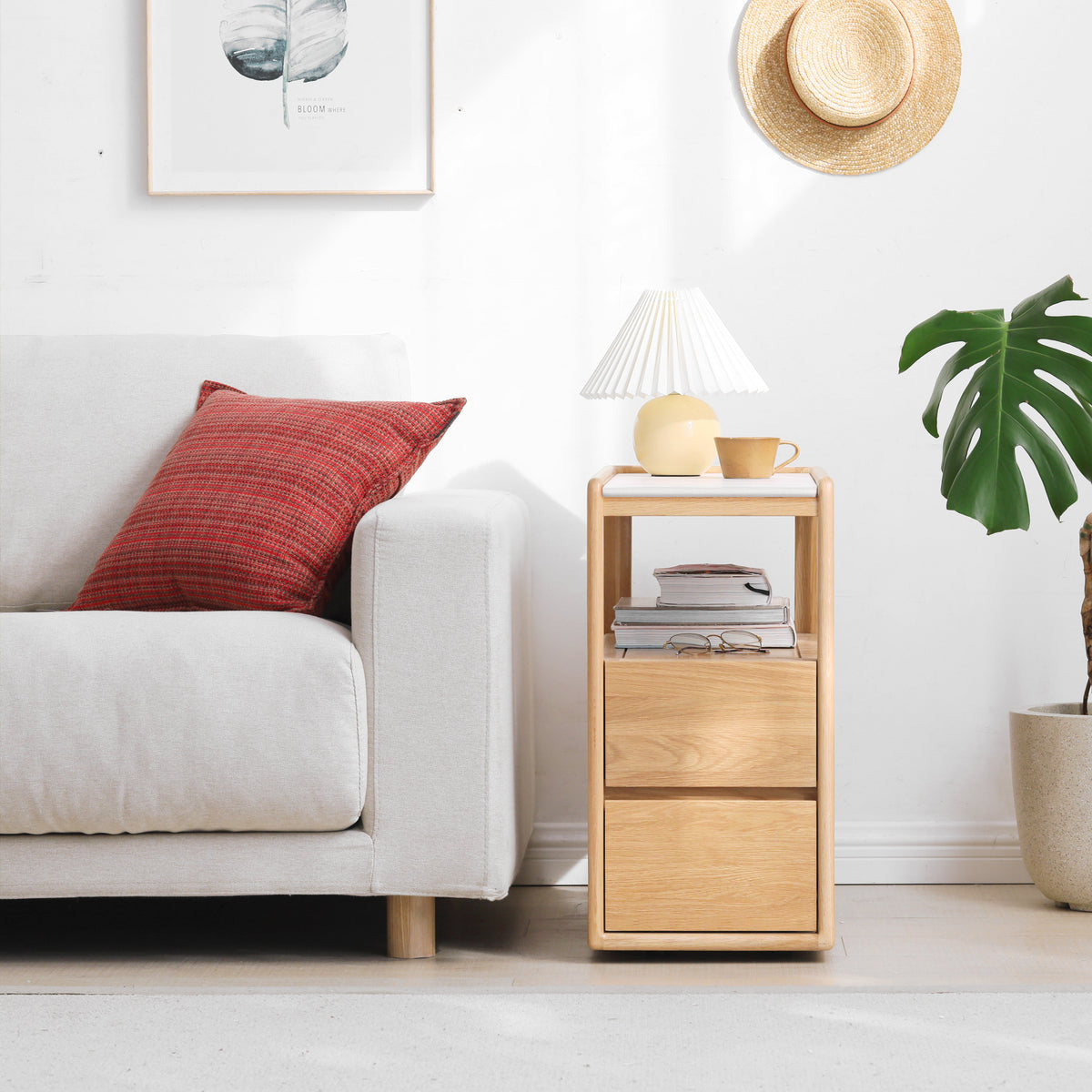 Scandinavian Oak Wood Sintered Stone Wheeled Trolley Side Table LIVA - view 07