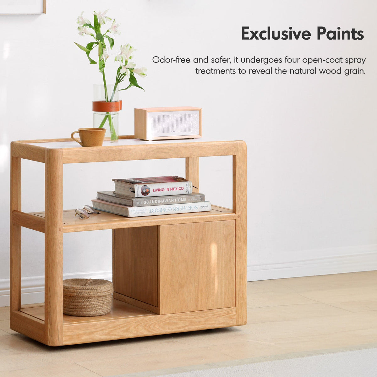 Scandinavian Oak Wood Sintered Stone Wheeled Trolley Side Table LIVA - view 14