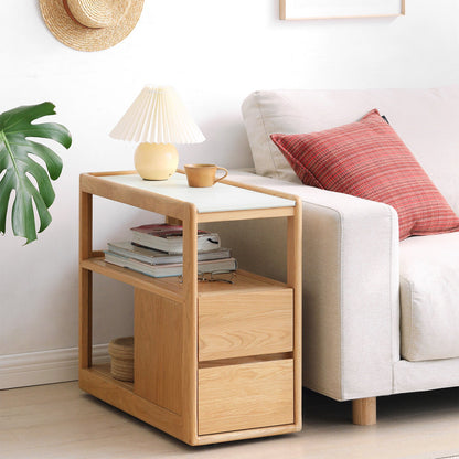 Scandinavian Oak Wood Sintered Stone Wheeled Trolley Side Table LIVA - view 17