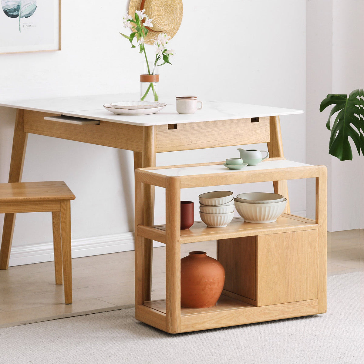 Scandinavian Oak Wood Sintered Stone Wheeled Trolley Side Table LIVA - view 19