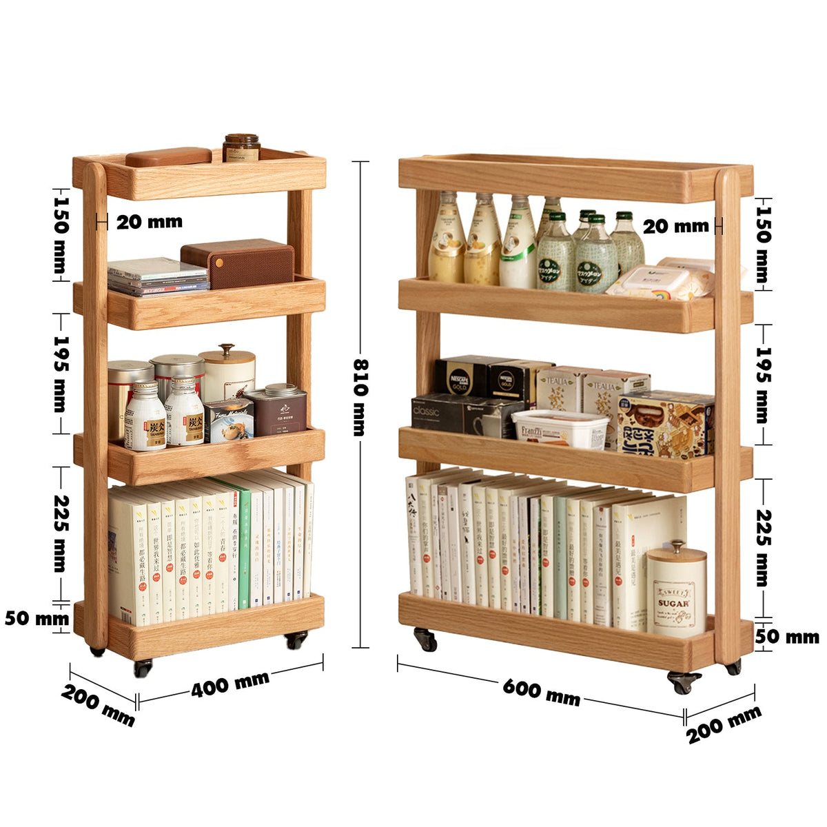 Scandinavian Oak Wood Wheeled Trolley Side Table MIRA - view 03