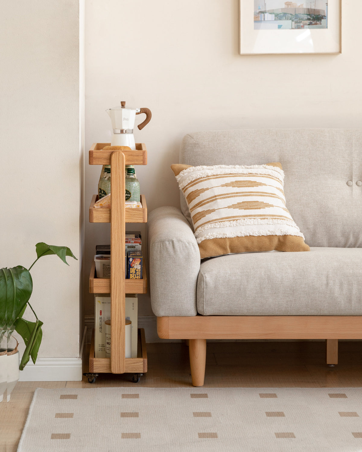 Scandinavian Oak Wood Wheeled Trolley Side Table MIRA - view 04
