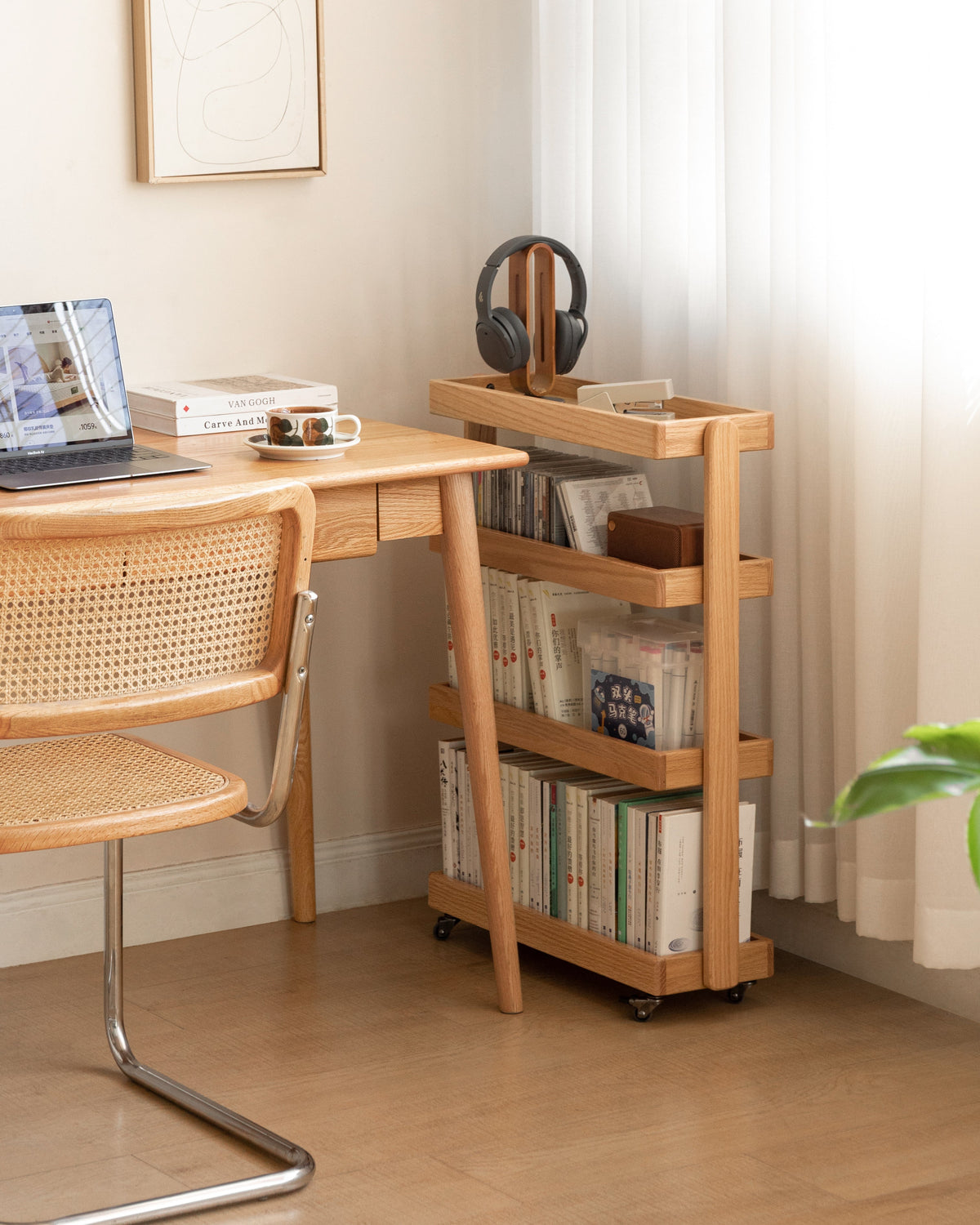 Scandinavian Oak Wood Wheeled Trolley Side Table MIRA - view 08