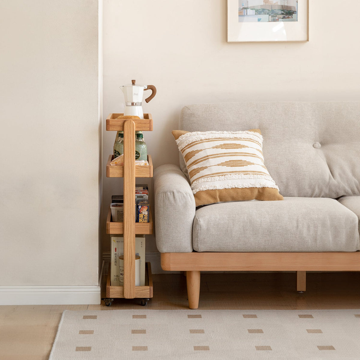 Scandinavian Oak Wood Wheeled Trolley Side Table MIRA - view 16