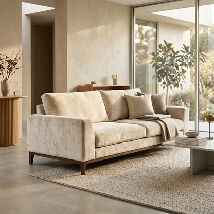 Cream Chenille Velvet 3-Seater Sofa Hero