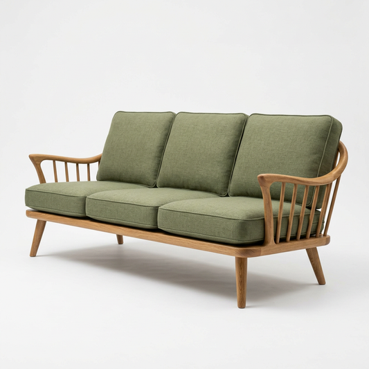 FJORD Mid-Century Solid Oak 3-Seater Wooden Sofa - Studio View