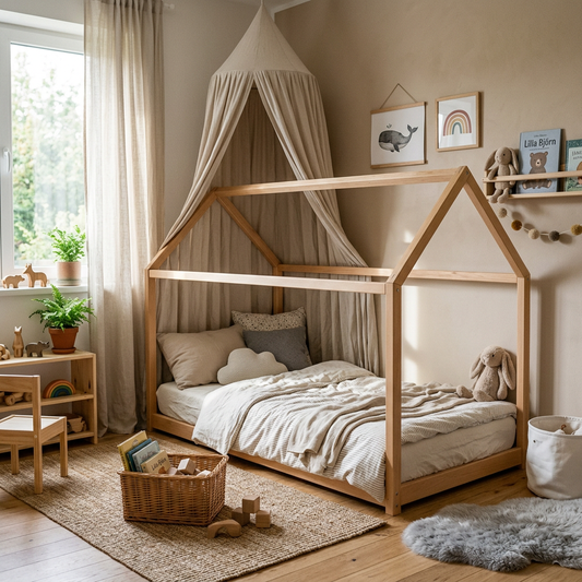 NOAH Montessori Solid Wood House Bed Three-Quarter View