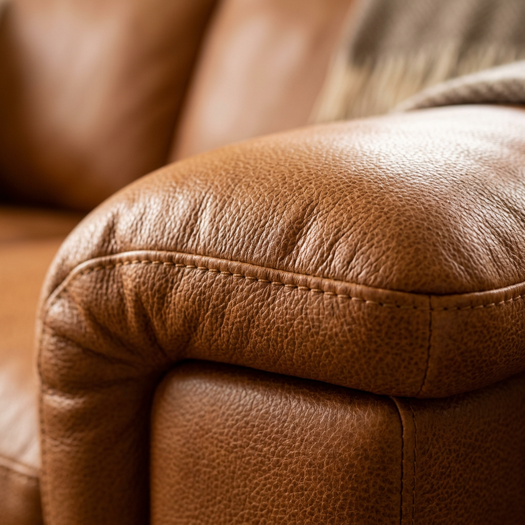 VALE Sofa - Top-Grain Caramel Leather and Saddle Stitching Detail