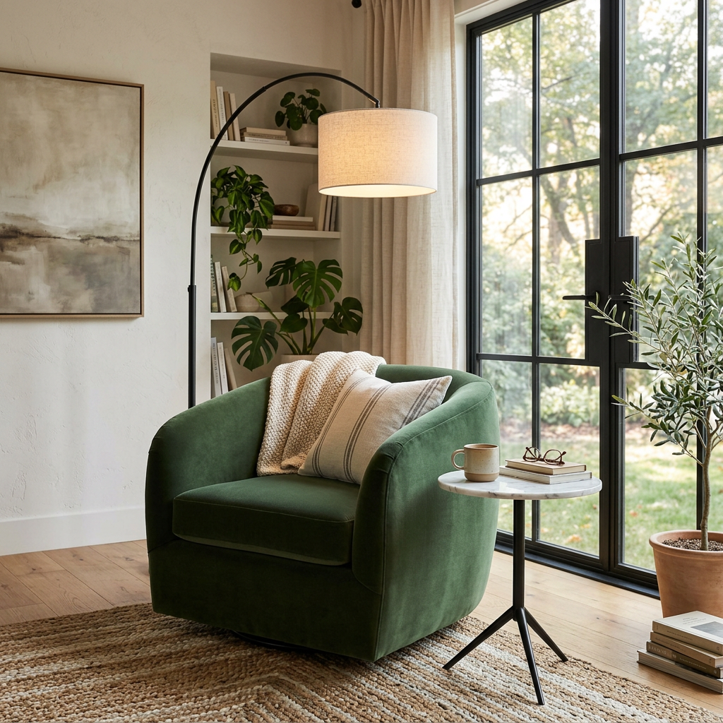 VELA Curved Armchair Living Room Reading Nook Lifestyle Scene